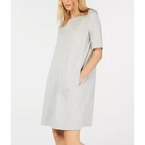 Eileen Fisher Boat Neck Pocket Mini Dress Heathered Light Gray Size S Minimalist